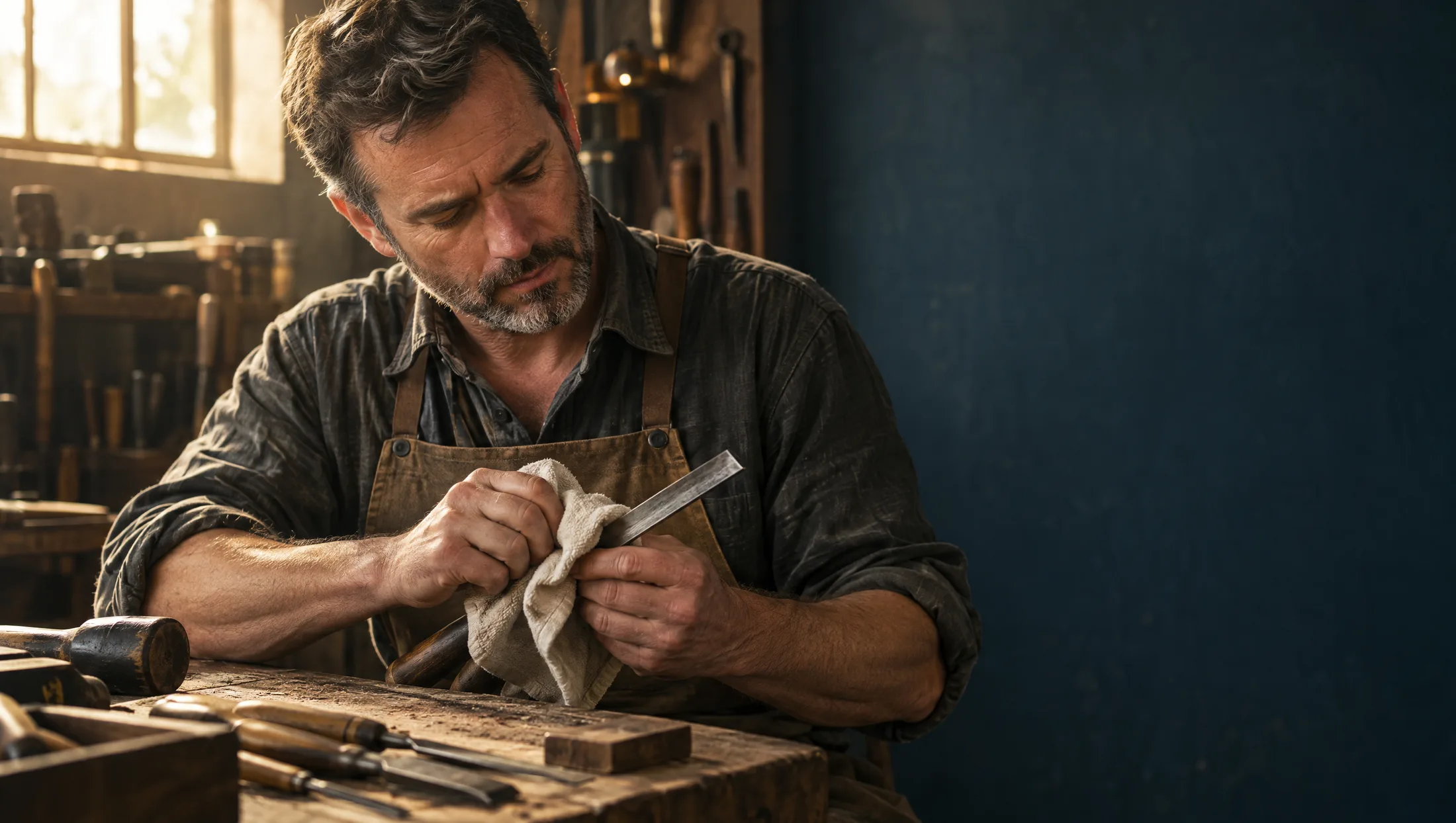 A man with a short grey-flecked beard wipes a steel chisel at a workbench.