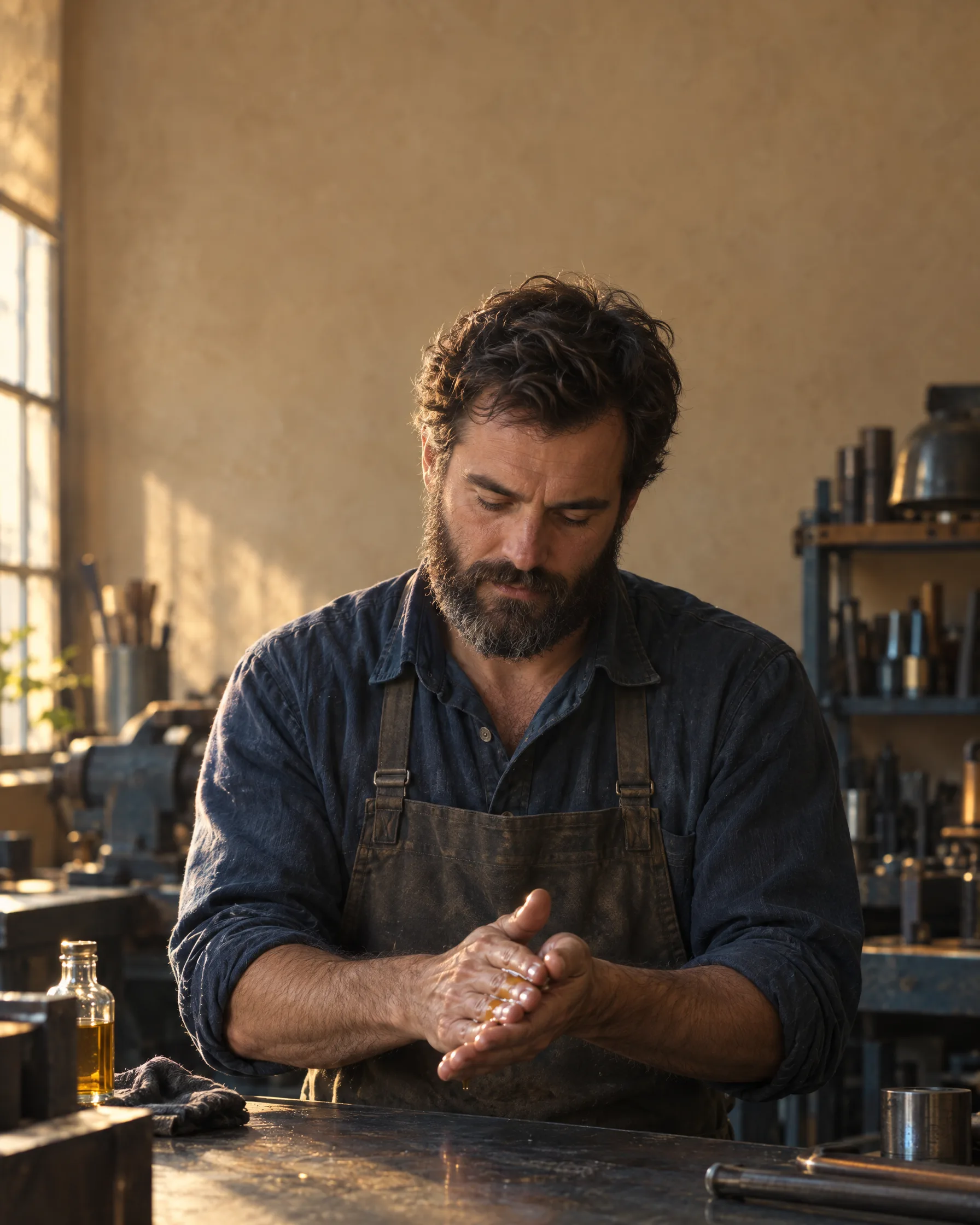 A bearded man in a workshop warms oil between his hands.