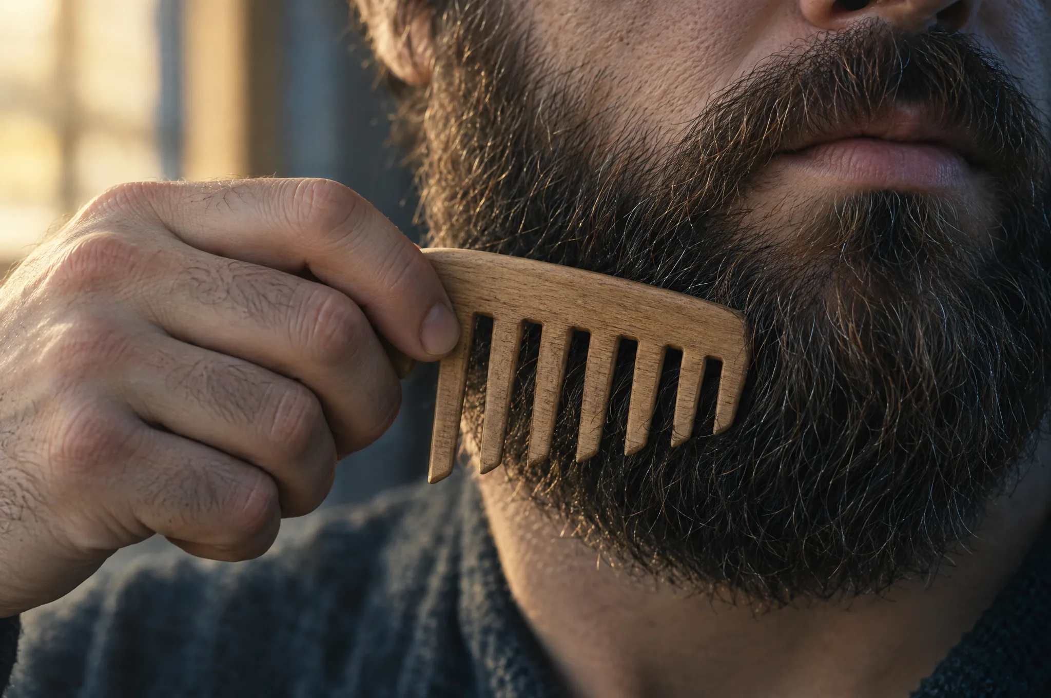 A hand draws a wooden comb through a full beard.