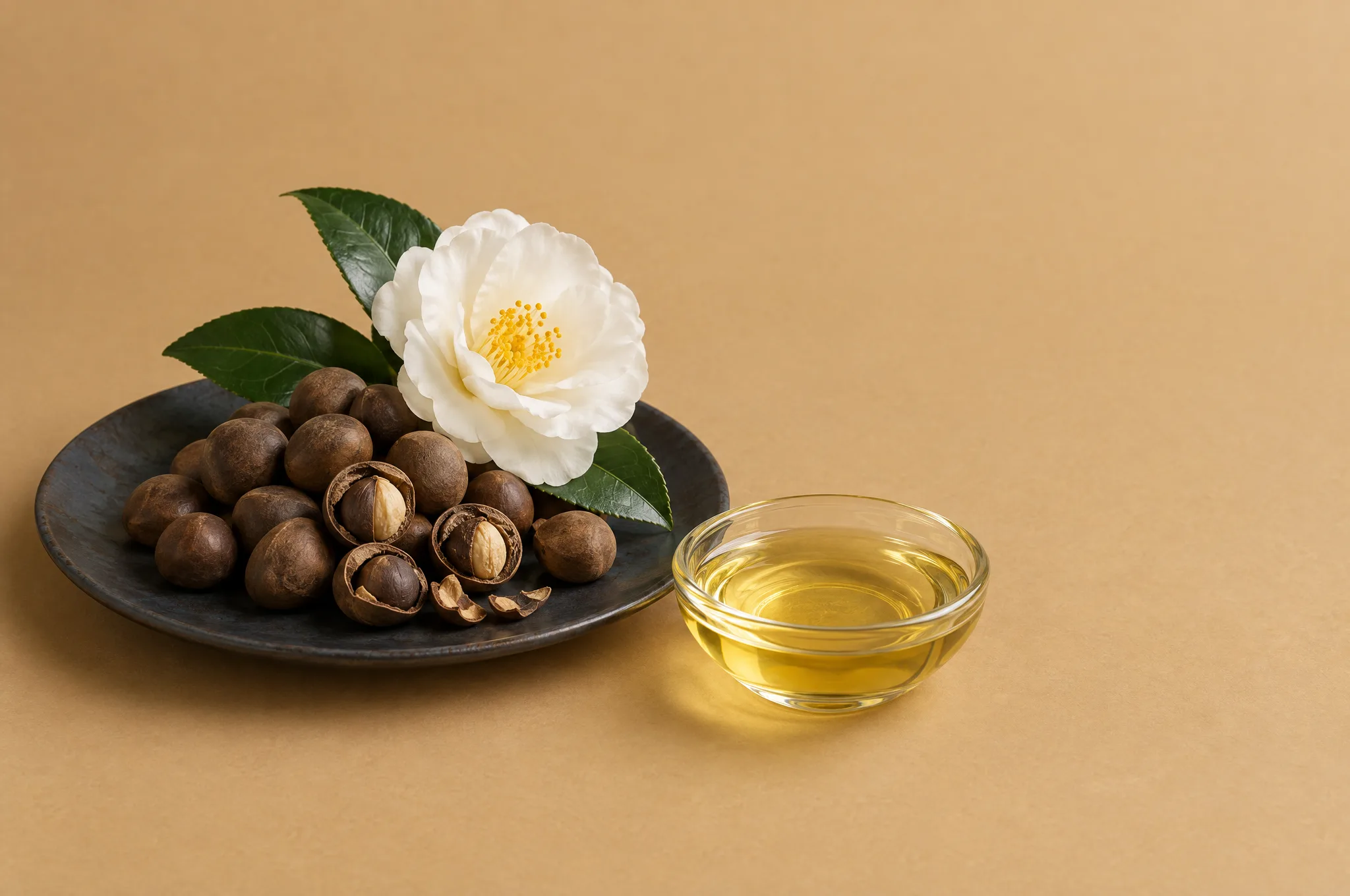 Camellia seeds and a white camellia blossom beside a dish of oil on a steel plate.
